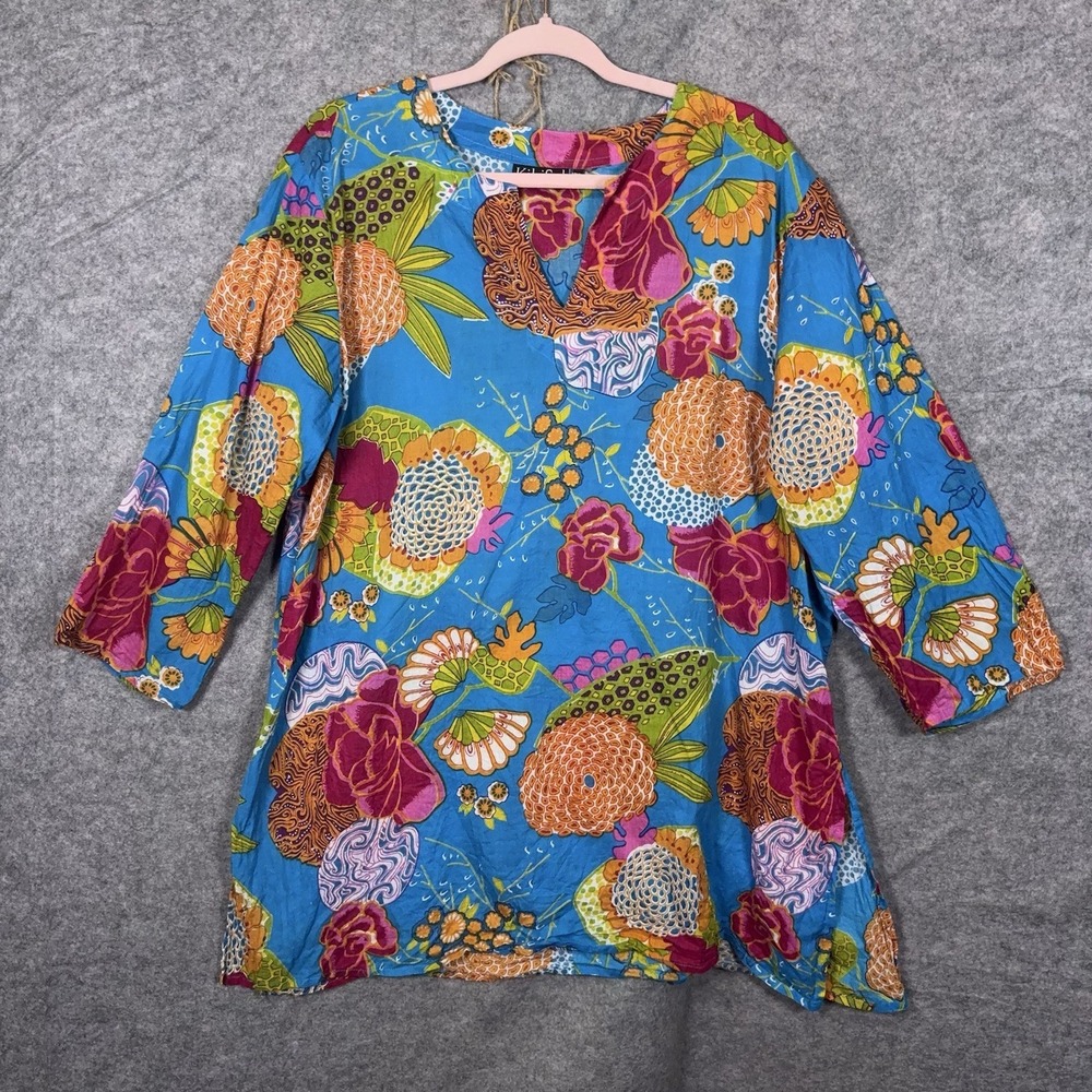 Kikisol Tunic Blouse Womens XXL Blue Ocean Sheer Tropical Island Resort